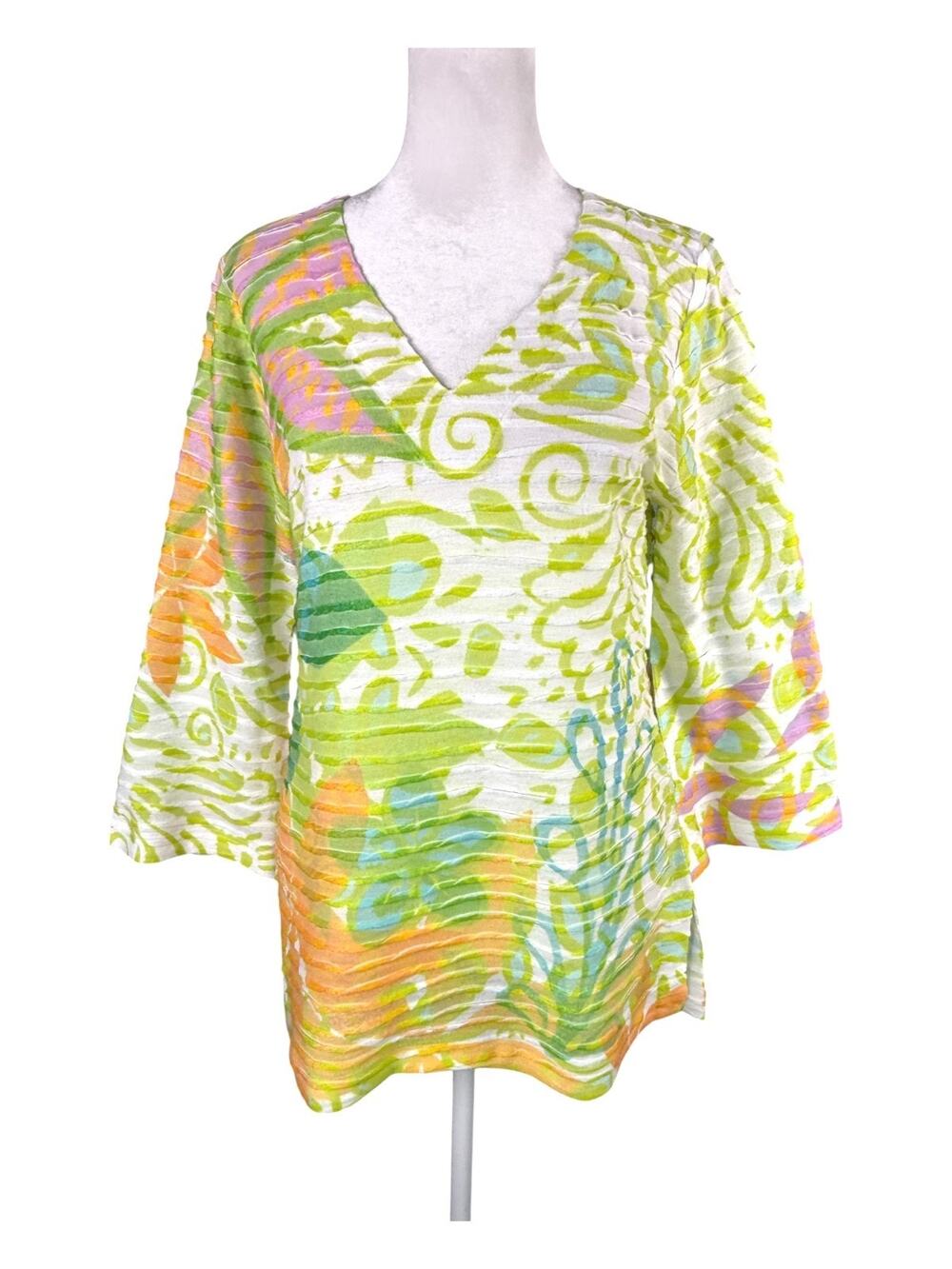 Whimsy Rose S Signature Banda Top V-Neck Bell Sleeve Tunic Artsy Floral USA Made